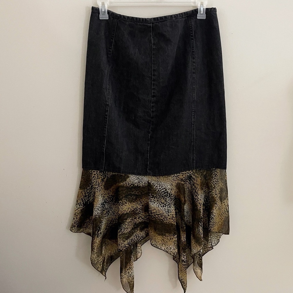 Vintage black gray denim skirt animal print trimming casual office teacher